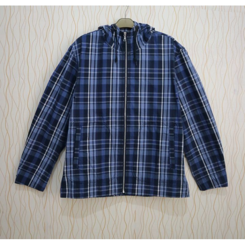 Jaket Hoodie Original Uniqlo Marine Parka motif kotak Biru