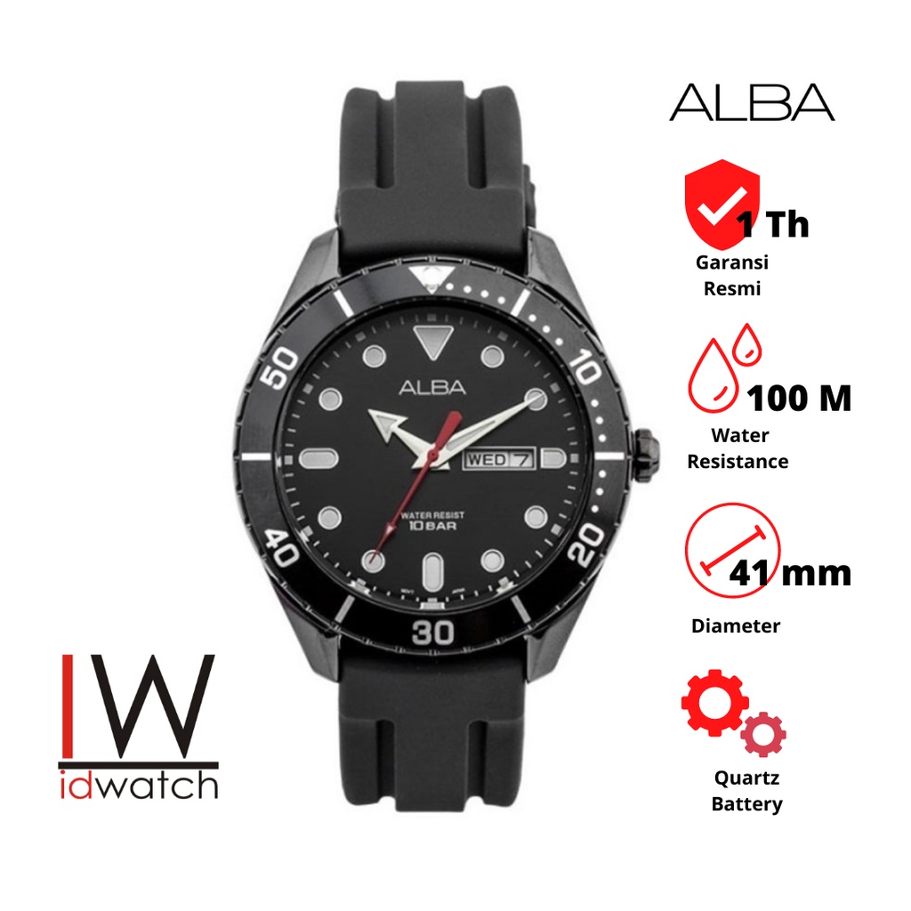 Alba AJ6119X1 Jam Tangan Pria Original AJ6119 Cowok Quartz Strap Karet Black