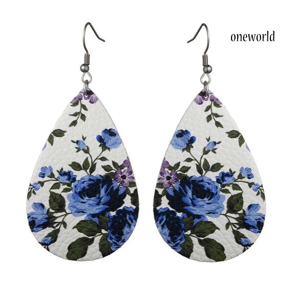 OW@ Boho Women Floral Pattern Teardrop Dangle Faux Leather Hook Earrings Jewelry