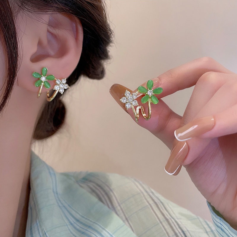 Anting Tusuk Sterling silver 925 Desain Bunga Hijau Hias Batu Opal Zircon Untuk Wanita