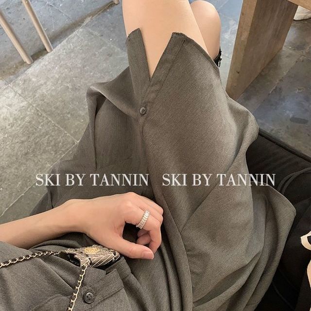 skibyTannin abu-abu lipit rok kemeja lengan engah v-neck desain gaun rok pendek musim panas wanita
