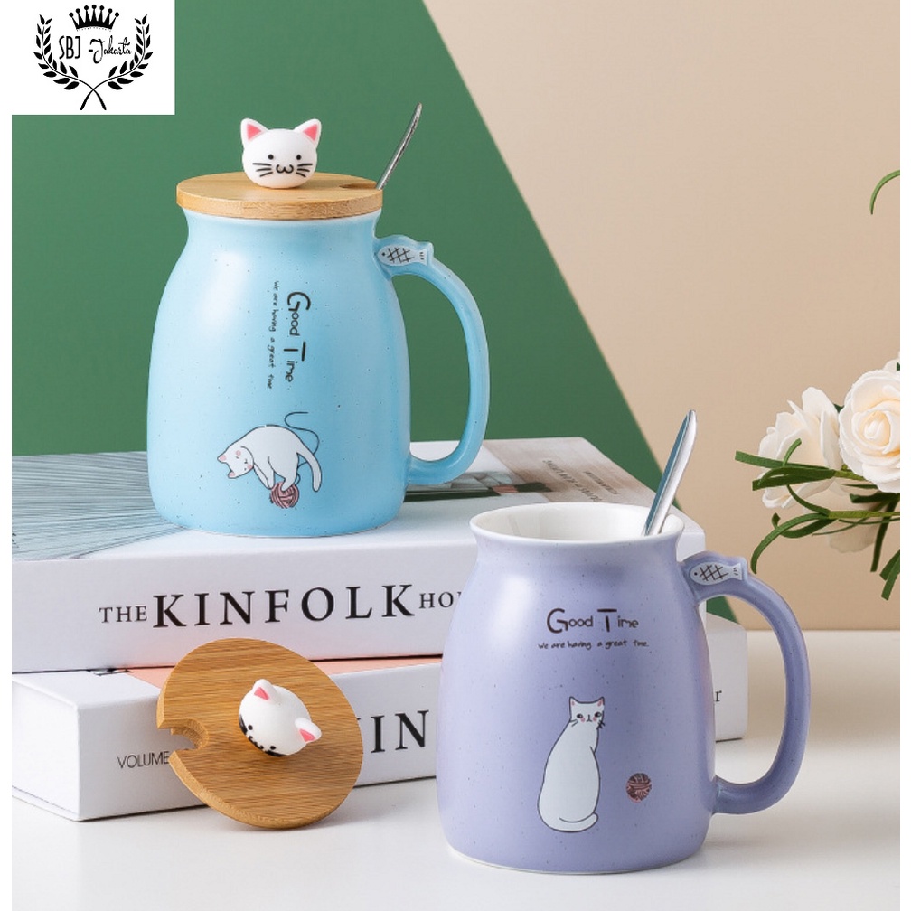 Cangkir Keramik Cat Mark Cup Gift Set Ceramic Mug 450 ml dengan sendok