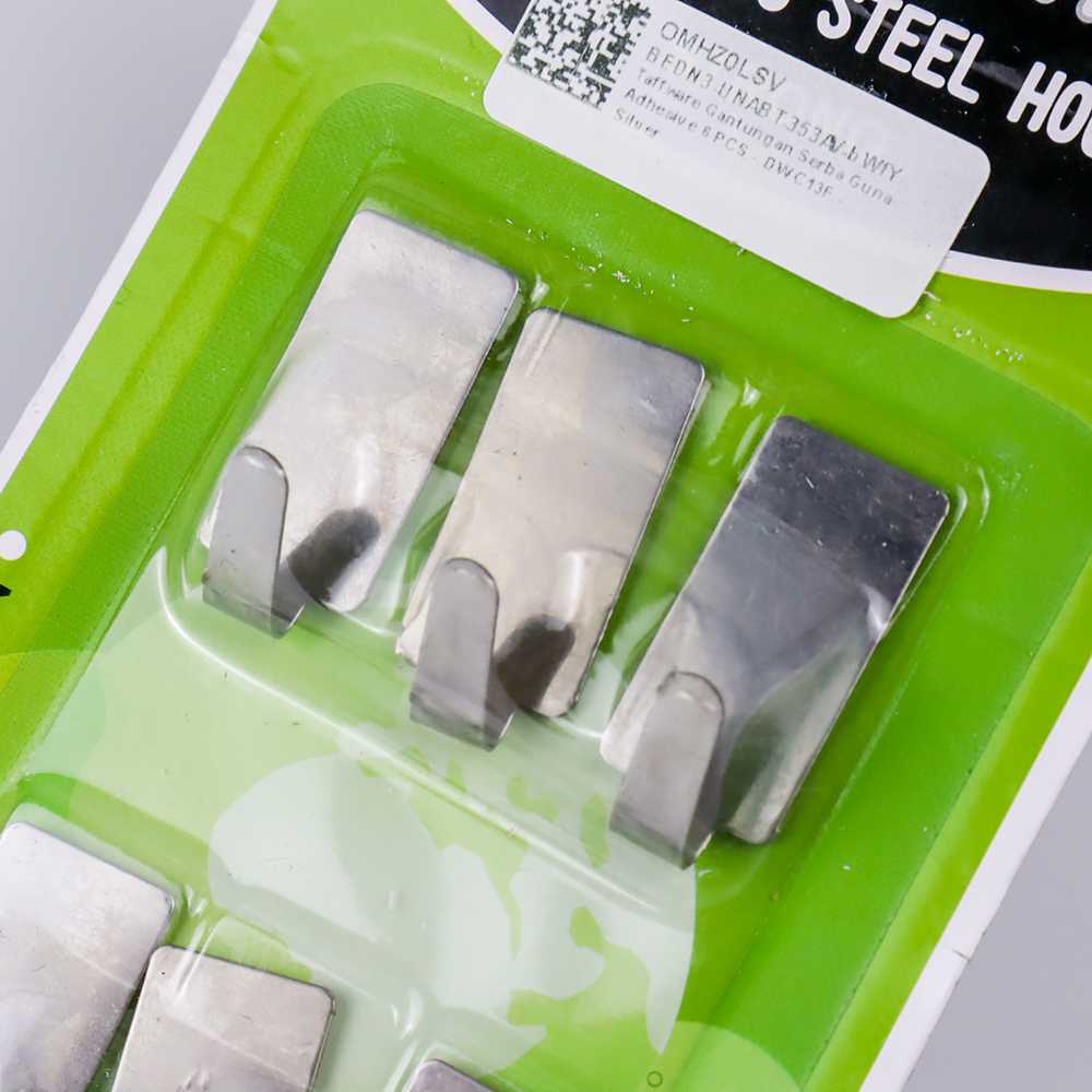 Gantungan Dinding Stainless Steel (dapat 6pcs) Super kuat dari besi Stainless Steel untuk peralatan dapur atau kamar mandi hanger cantelan dinding tembok cantelan pakaian belakang pintu  Gantungan Serba Guna Adhesive 6 PCS - DWC13F Warna Silver Wall Hook