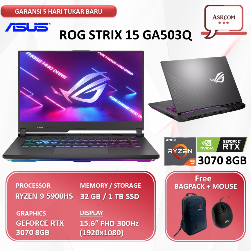 Laptop Gaming Asus Rog G513QM RYZEN 9 5900 RTX3070 8GB 32GB RAM 1TB SSD 15.6&quot;FHD W11 300Hz