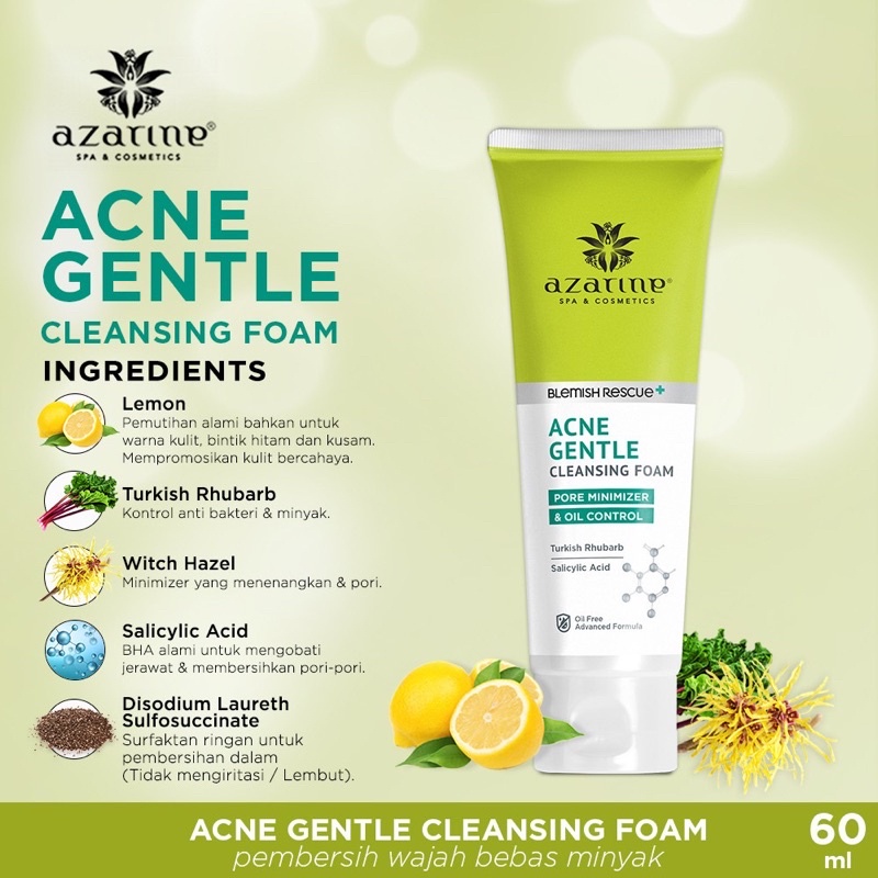 AZARINE Acne Gentle Cleansing Foam 60ml BPOM Face Cleanser, Face Wash, Sabun Cuci Muka
