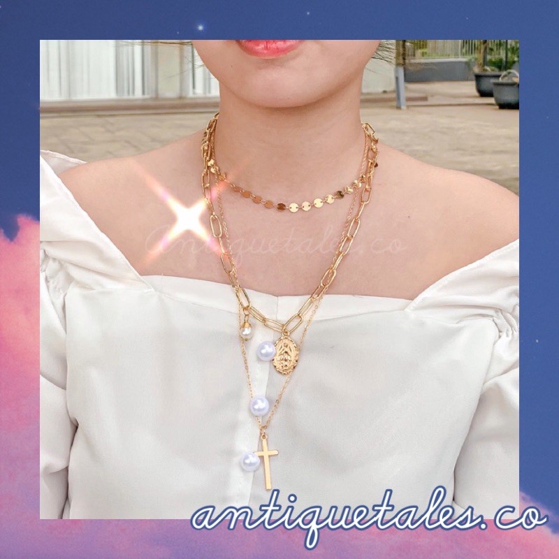 [A.T] Kalung Rantai Multilayer Korea Mutiara Pearl Gold  Kalung Fashion Salib Maria  MARIGOLD