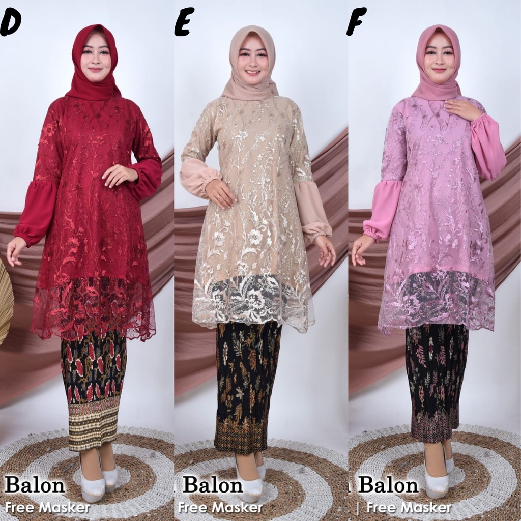 Setelan Kebaya Modern Tunik Tulle Tangan Balon Aneka Pilihan Warna