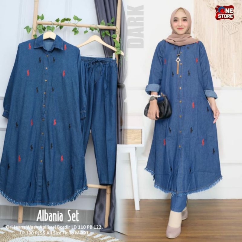 Albania One Set Setelan Celana Tunik Jeans Rawis Bordir Polo Ld 110 Jumbo Fit XXL Busui Kancing By O