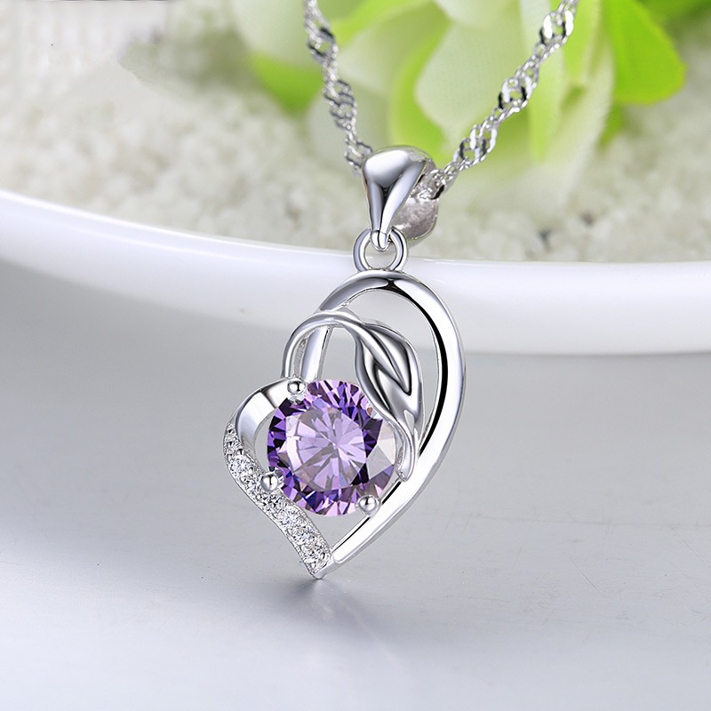 [Ready Stock]Fashion Simple Amethyst Clavicle Chain Heart-Shaped Pendant