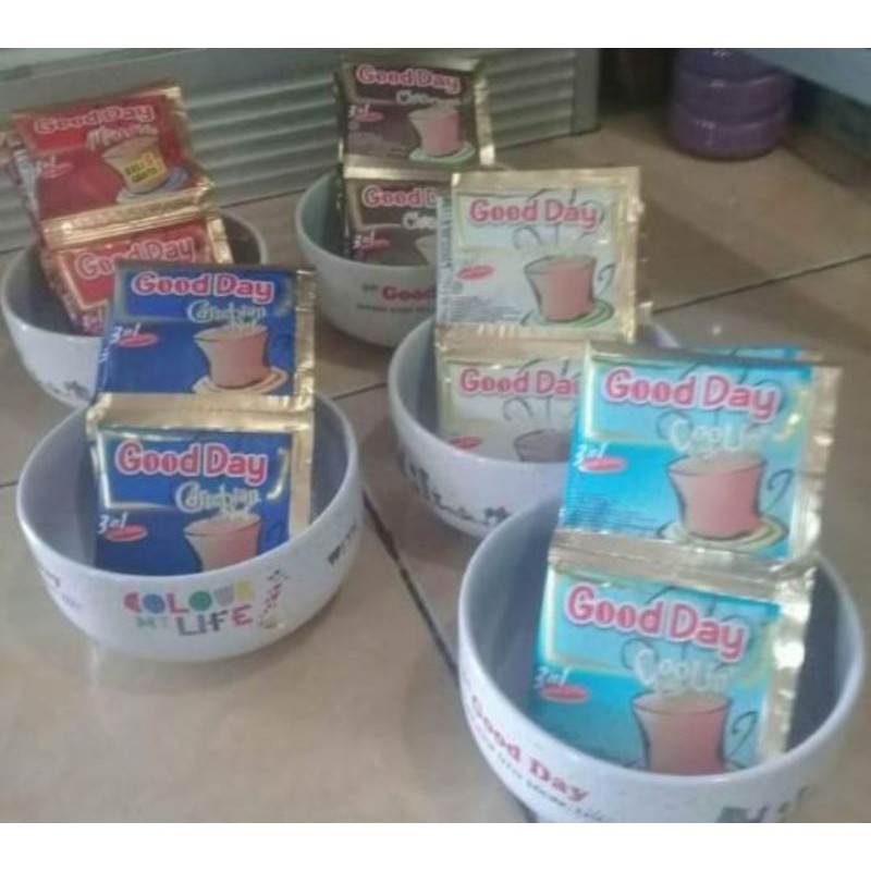 

10saset kopi good day mocacino+gelas kapal api,ABC, fresco,mangkok hbis