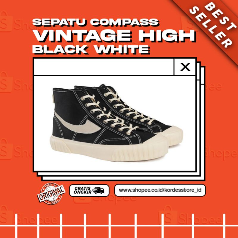 (BNIB) Sepatu Compass Vintage High Black White 100% Original
