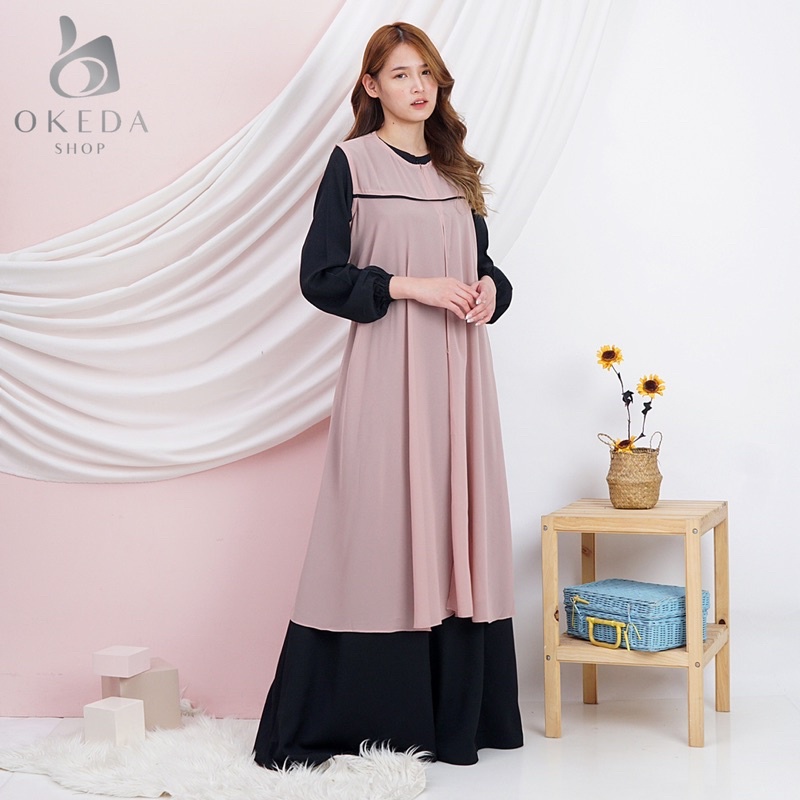 Okeda Shop Gamis Zhiezhie 2in1 Ceruty Apricot Twill