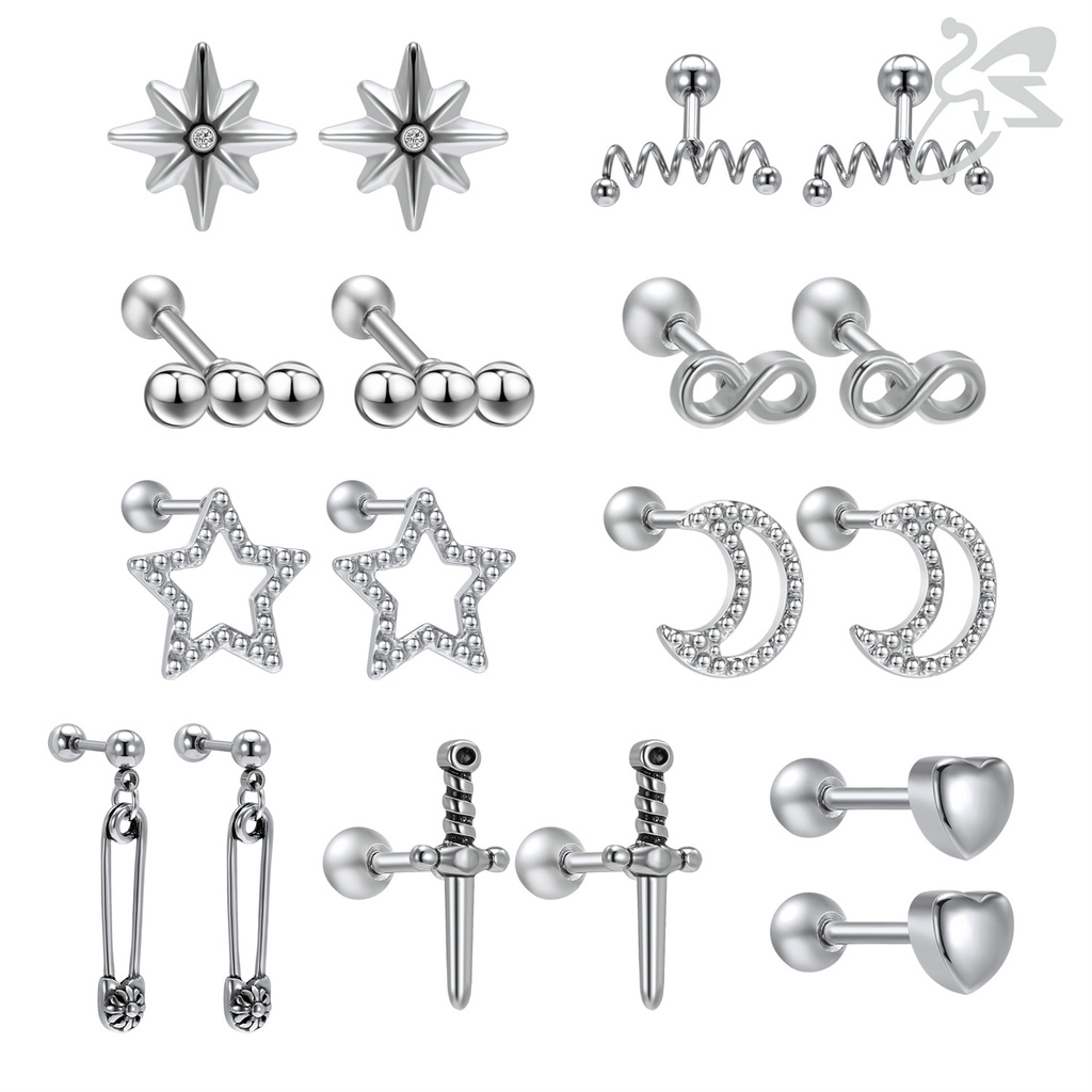 1pasang Unisex Bulan Hati Pin Telinga Studs Gaya Punk Rock Earrings 316L Stainless Steel Stud Earrings