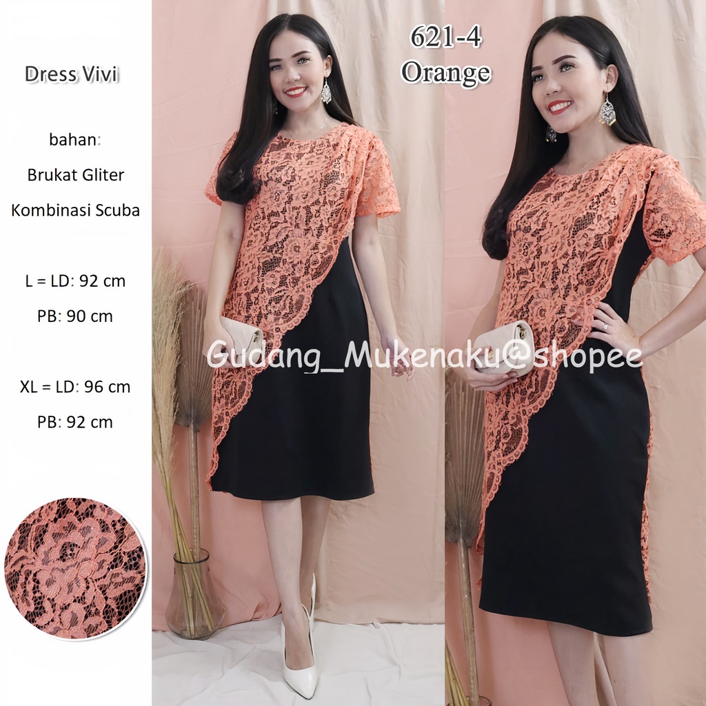 gudang_mukenaku Dress Vivi Bahan Brukat Gliter Kombinasi Scuba Pakaian Fashion Wanita Dewasa Terbaru Premium COD bisa bayar di tujuan