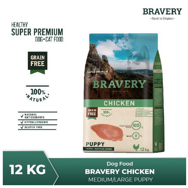 Bravery Medium/Large Puppy Chicken 12KG Makanan Anjing Super Premium Pelet Food