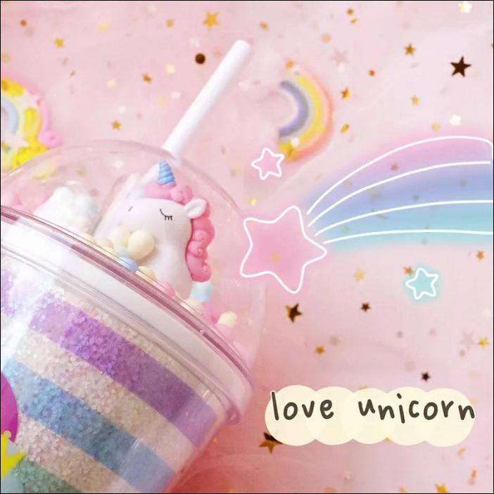 CANGKIR UNICORN GELAS SEDOTAN KACA PLASTIK RAINBOW TEMPAT MINUM BUBBLE - BENING BINTANG
