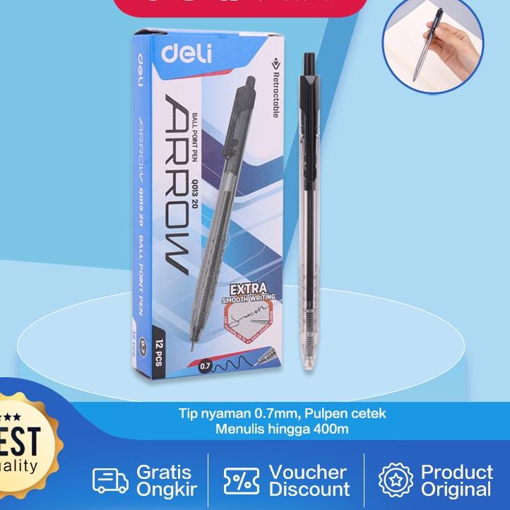 

9.9 Promo >> Deli Pulpen Ball pen Cetek 0.7mm Hitam 12pcs/box Halus Smooth EQ013X0