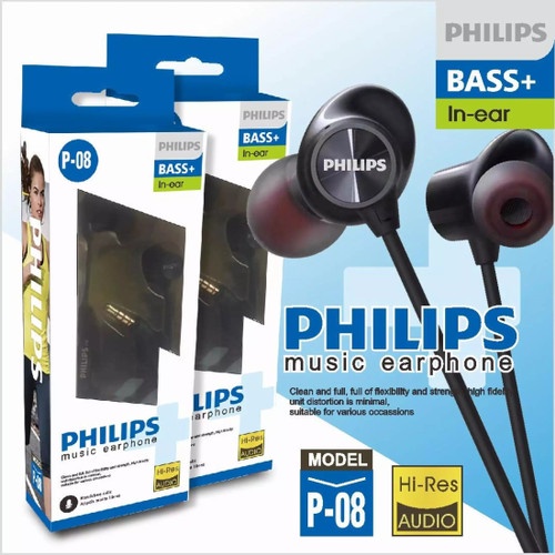 Headset handsfree earphone PHILIPS P08 PHP-100 PH-02 AT-036 / QP-A036 SUPER BASS + MIC PACK IMPORT