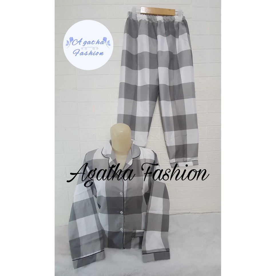 Baju Tidur Cewek Lengan Panjang Dan Lengan Pendek Motif Kotak Piyama Wanita Kekinian Pajamas Dewasa-PP NONA ABU XL