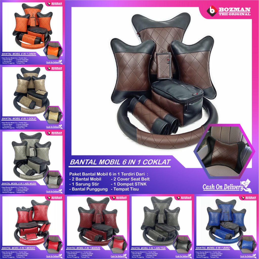 Set Bantal Mobil 6 in 1 Bantal Mobil Seatbelt Sarung Stir Dompet STNK Bantal Pinggang Tempat Tissue Premium