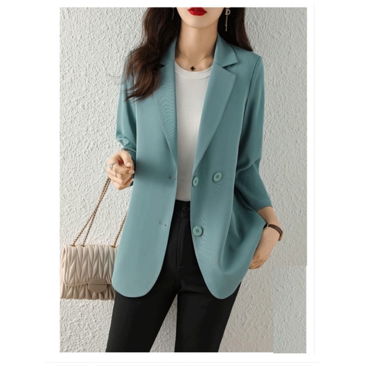 Blazer Kasual Lengan Panjang Model Longgar Warna Solid Gaya Korea Untuk Atasan Wanita