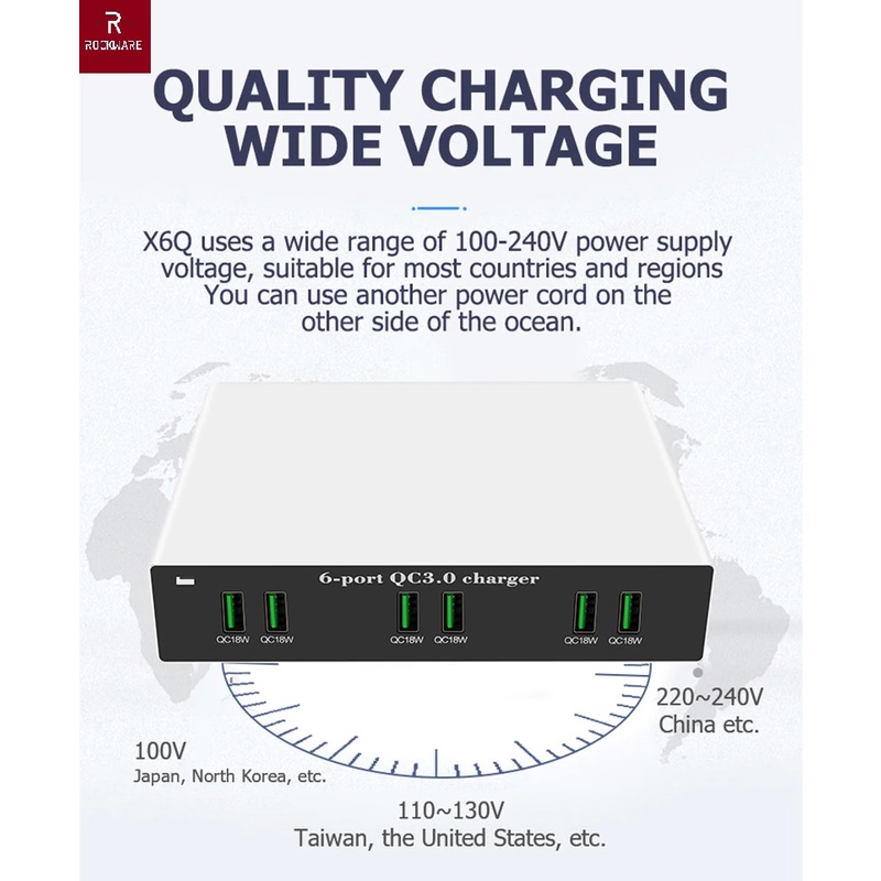 ROCKWARE WLX-X6Q - Charger 6 Port USB 3.0 (120W MAX)