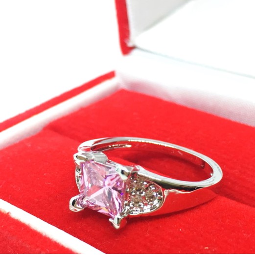 Cincin Lapis Emas Putih Batu Pink Kecil Bling Berlian Imitasi - BN082R