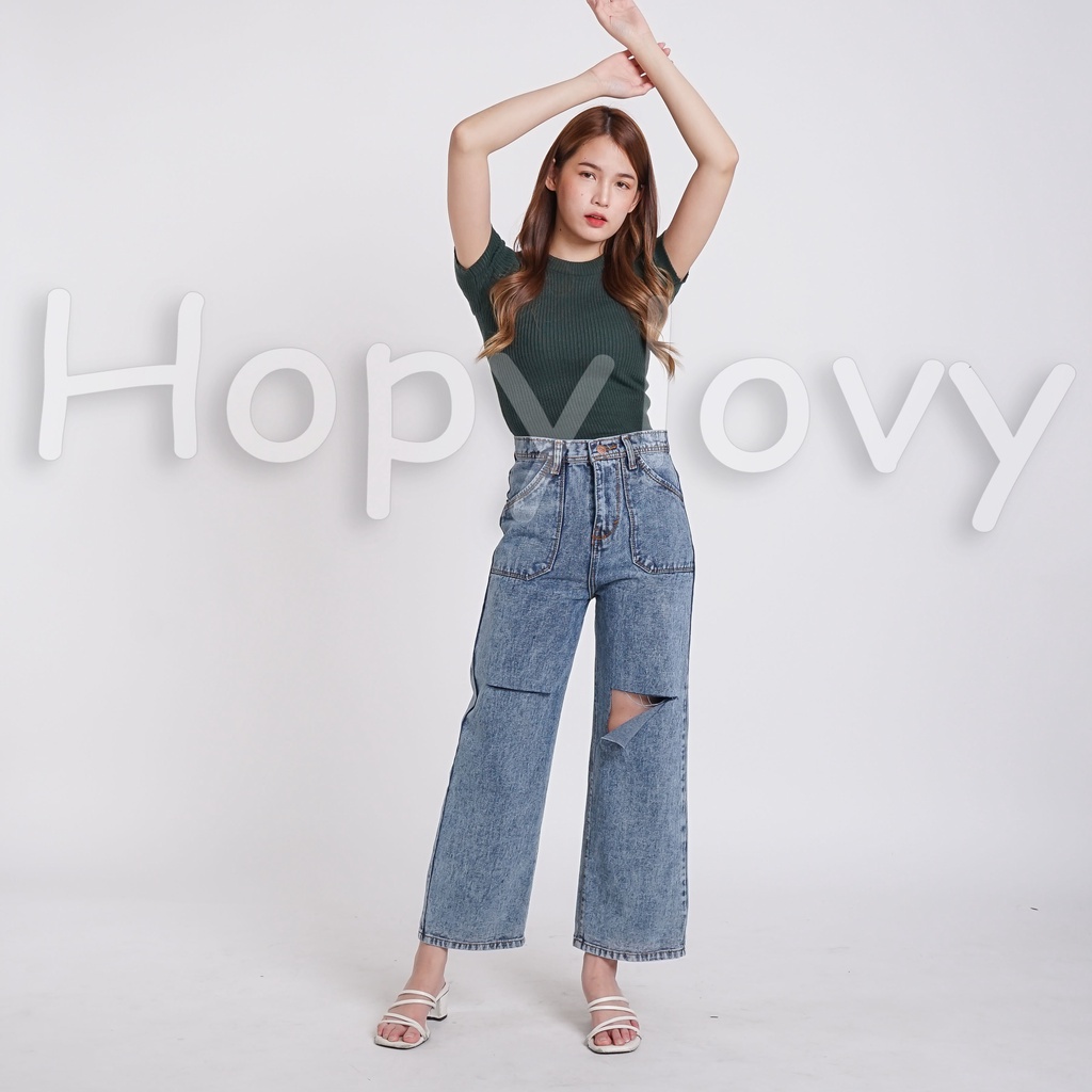 HOPYLOVY Celana Kulot Jeans Wanita Sobek Lutut Highwaist Jeans BF Avika