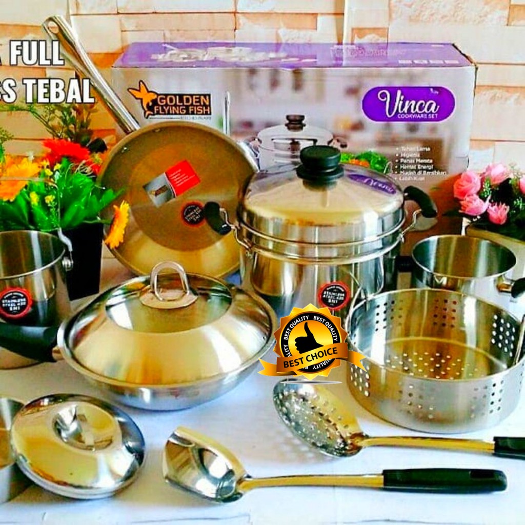 (BISA COD) PROMO Panci Set Golden Flying Fish Cookware Set Vinca 12pcs STAINLESS STEEL Premium