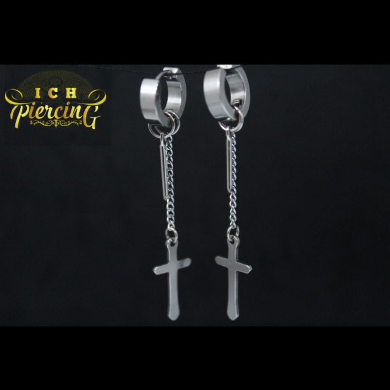 Anting Tindik dan Jepit Model Salib Gantungan Fashion Pria Korea