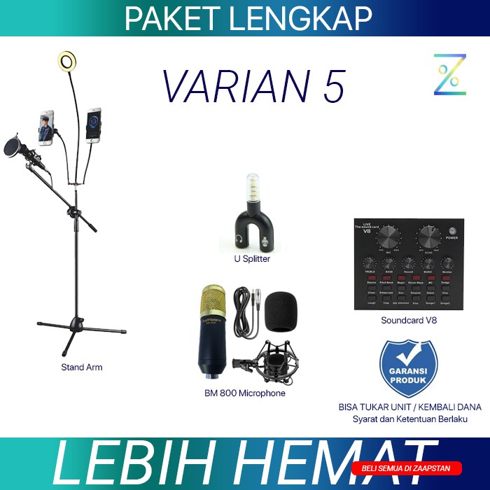 PAKET MIC STREAMING KARAOKE RECORDING, Mic BM 800, Pop Filter, Arm Stand, Holder HP, V8 Soundcard