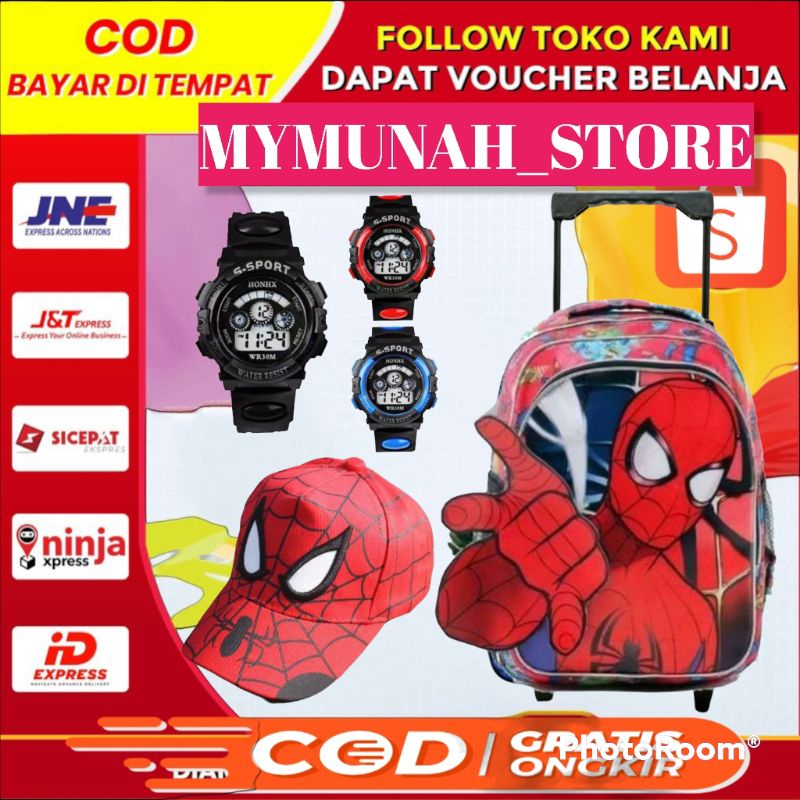 TAS TROLI ANAK SEKOLAH 3D KARAKTER SPIDERMAN BATMAN/GRATIS JAM SPORT ANAK