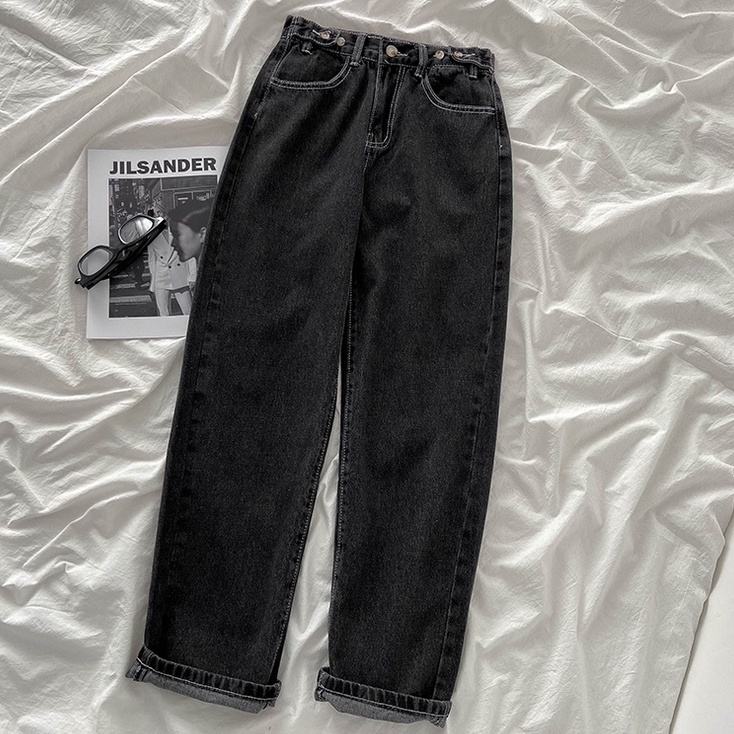 ✅COD Krem/Hitam Celana Panjang Model Longgar Lebar Gaya Korea Retro Bahan Jeans untuk Wanita