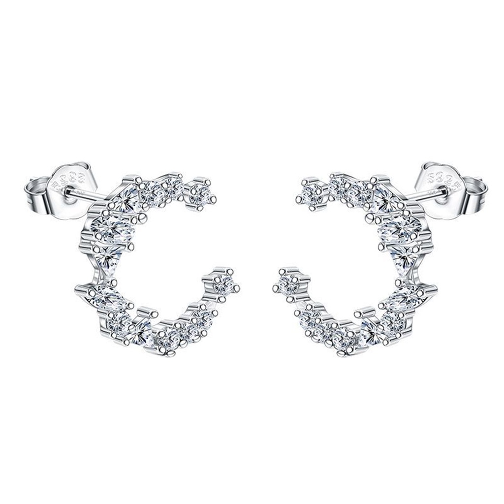 Hu Hu Hu Hu Hu Alat Bantu Pasang Kacamata♡ 1 Pasang Anting Tusuk Sterling Silver 925 Bentuk Bulan Sabit Hias Cubic Zirconia Untuk Wanita