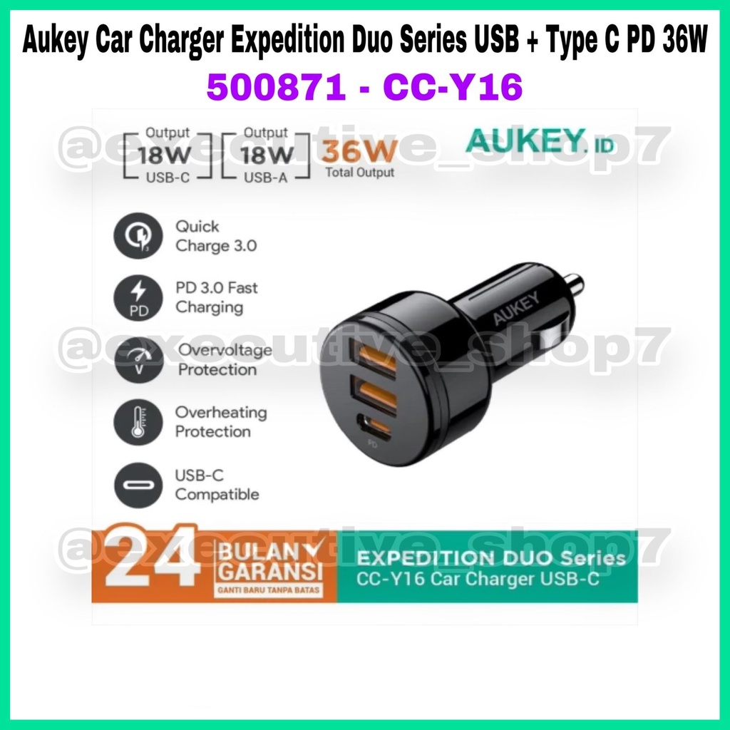 Aukey Car Charger Expedition Duo Series USB + Type C PD 36w - 500871 / 501260 - CC-Y16