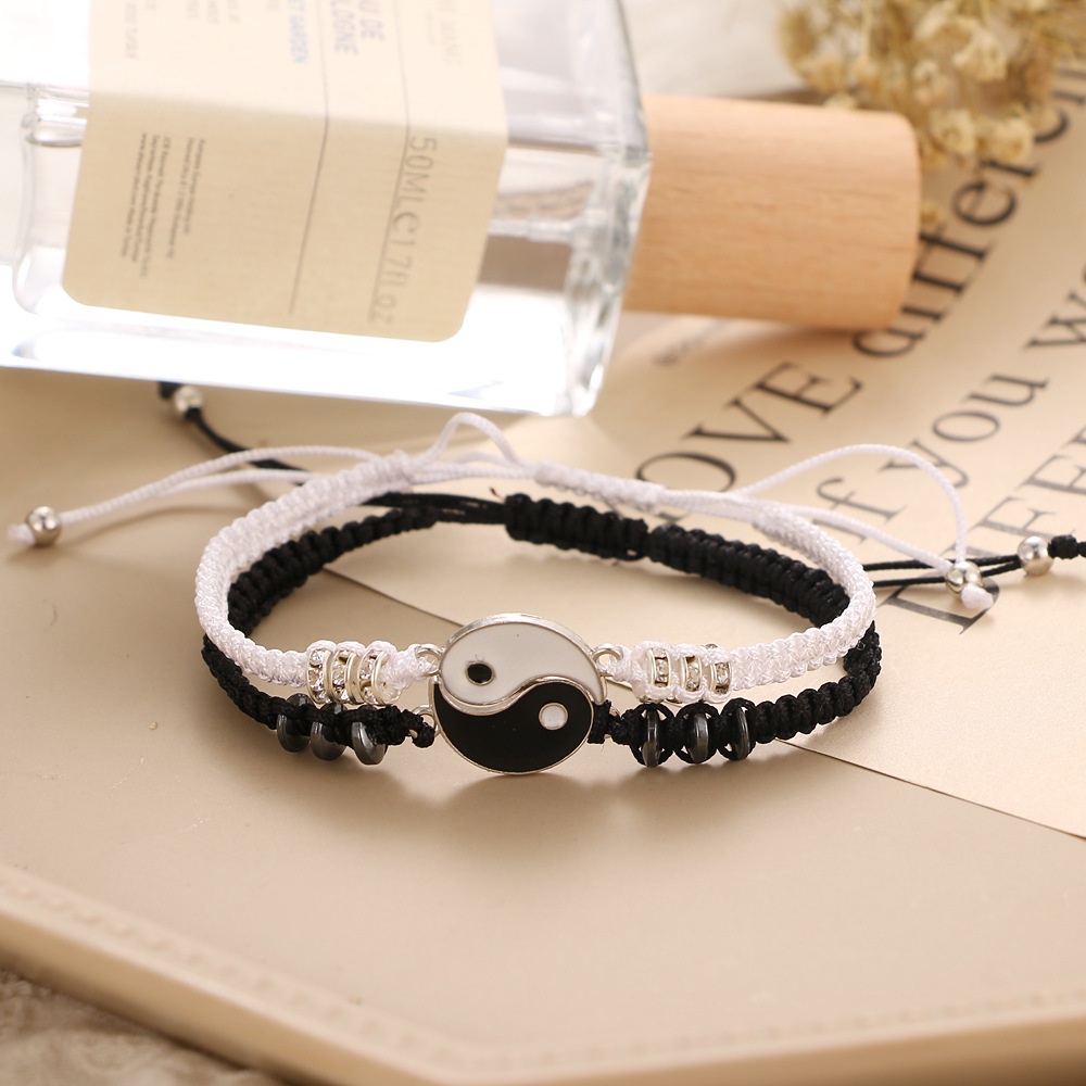 2pcs / Set Gelang Dan Kalung Tali Kepang Warna Hitam Dan Putih Untuk Pasangan