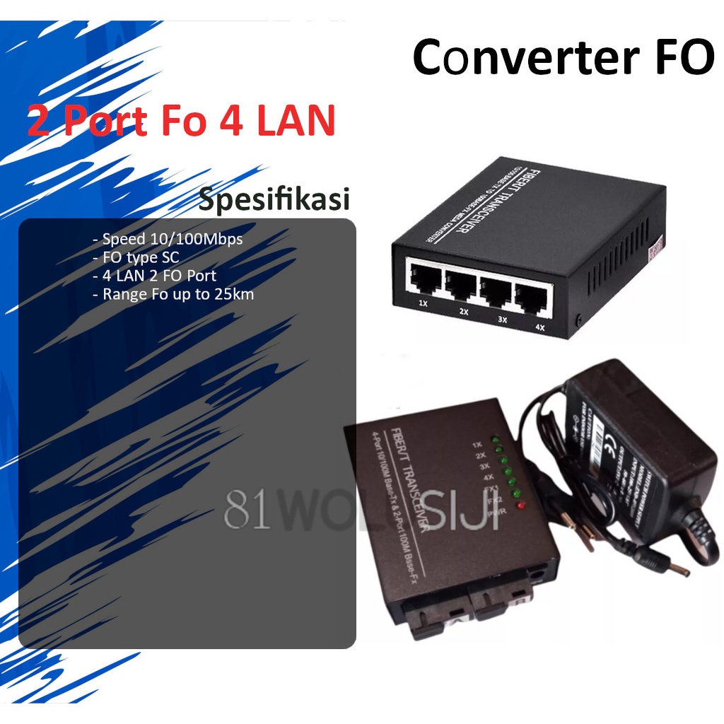 Converter 2 FO 4 LAN 10/100Mbps fiber optic + Adaptor