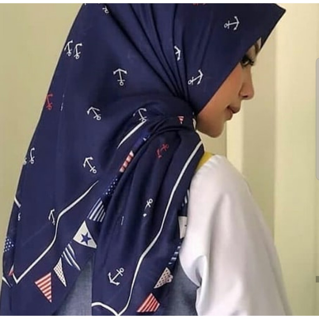 Kain untuk hijab bahan Voal motif Jangkar navy