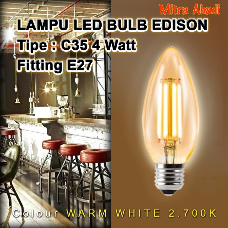 Lampu Bulb LED Filamen Edison Polos Vintage C35 4 Watt/4W Fitting E27