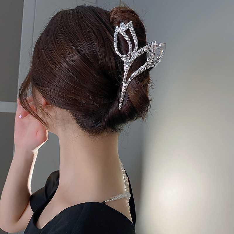 PREMIUM Jepit Rambut Korea Bahan Alloy 12CM Motif Bunga Tulip - Jedai Logam Jumbo - Korean Metal Hair Claw Clip