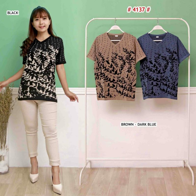 Knit Top Daun Kemangi Rajut Import Tangan Pendek (4137)