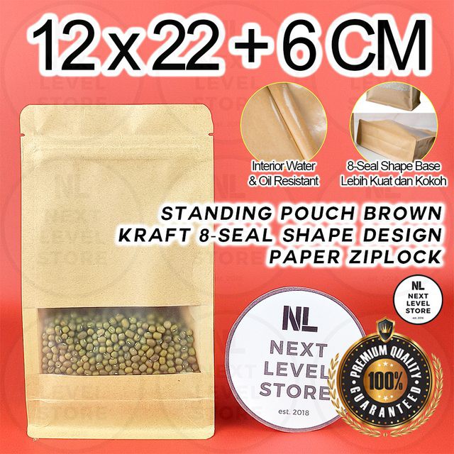 Standing Pouch 12x22+6CM Brown Kraft 8-Seal Shape Design Paper Ziplock