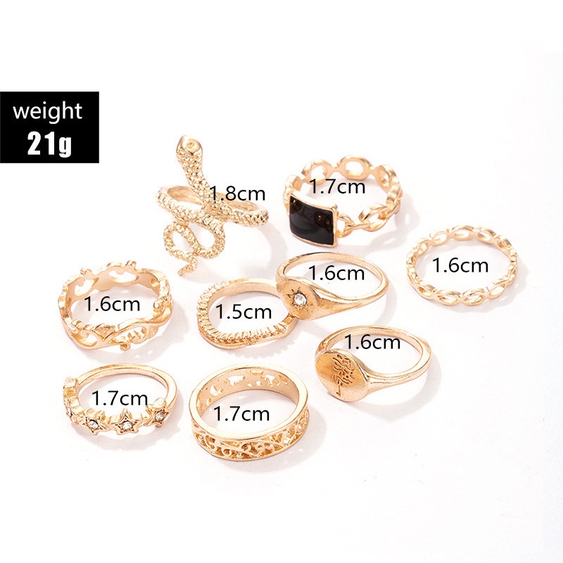 9 Pcs / Set Cincin Bentuk Geometris Warna Emas Hitam Bahan Logam Untuk Wanita