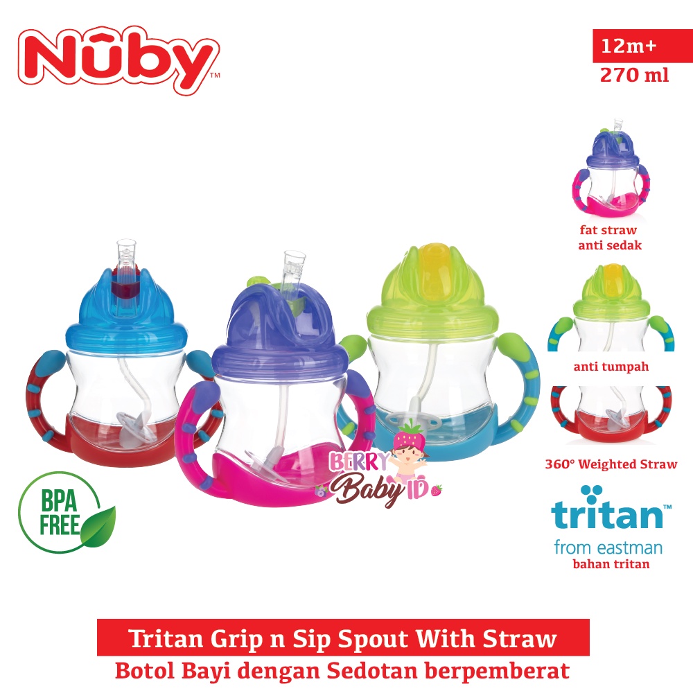 Nuby Tritan Flip n Sip Active Sip With Straw Botol Sedotan Bayi Anak BPA Free Berry Mart