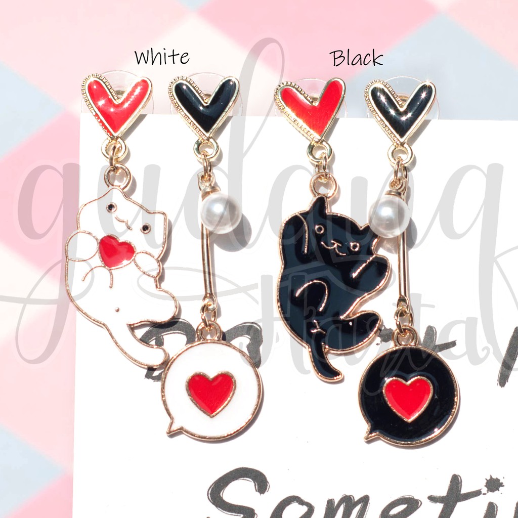 Anting Cat And Heart Black Red White Red Anting Cantik Earrings GH 203405