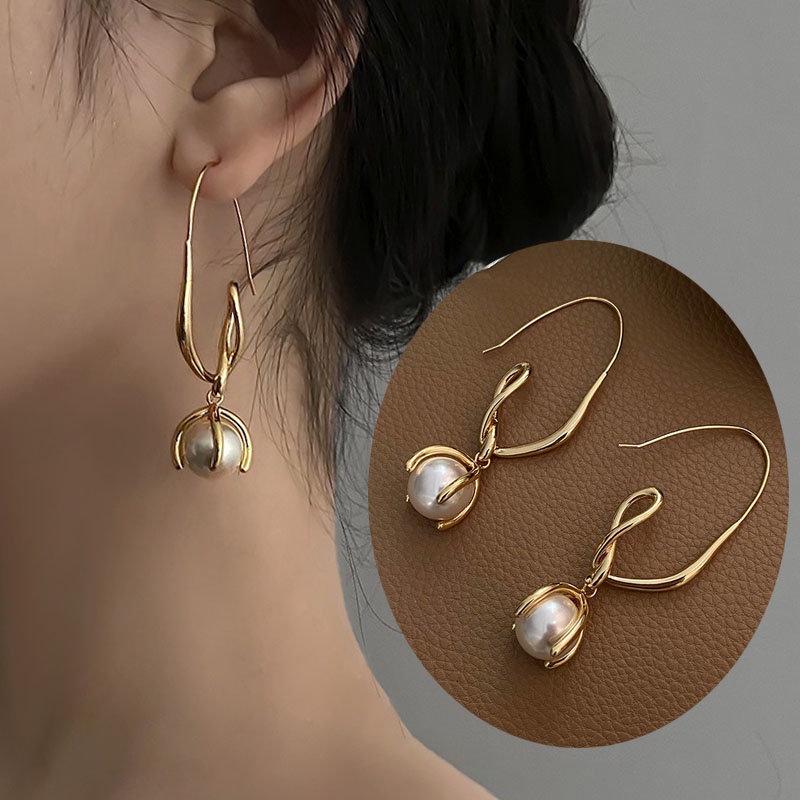 Anting Tusuk Desain Geometri Hias Mutiara Gaya Korea Untuk Wanita