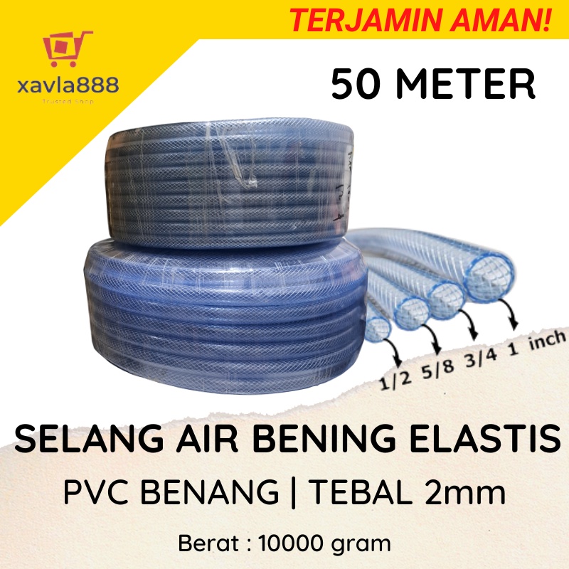 Selang Air Kristal Bening 1/2 5/8 3/4 inch 50 Meter - Selang Cuci Motor Serat Benang Elastis