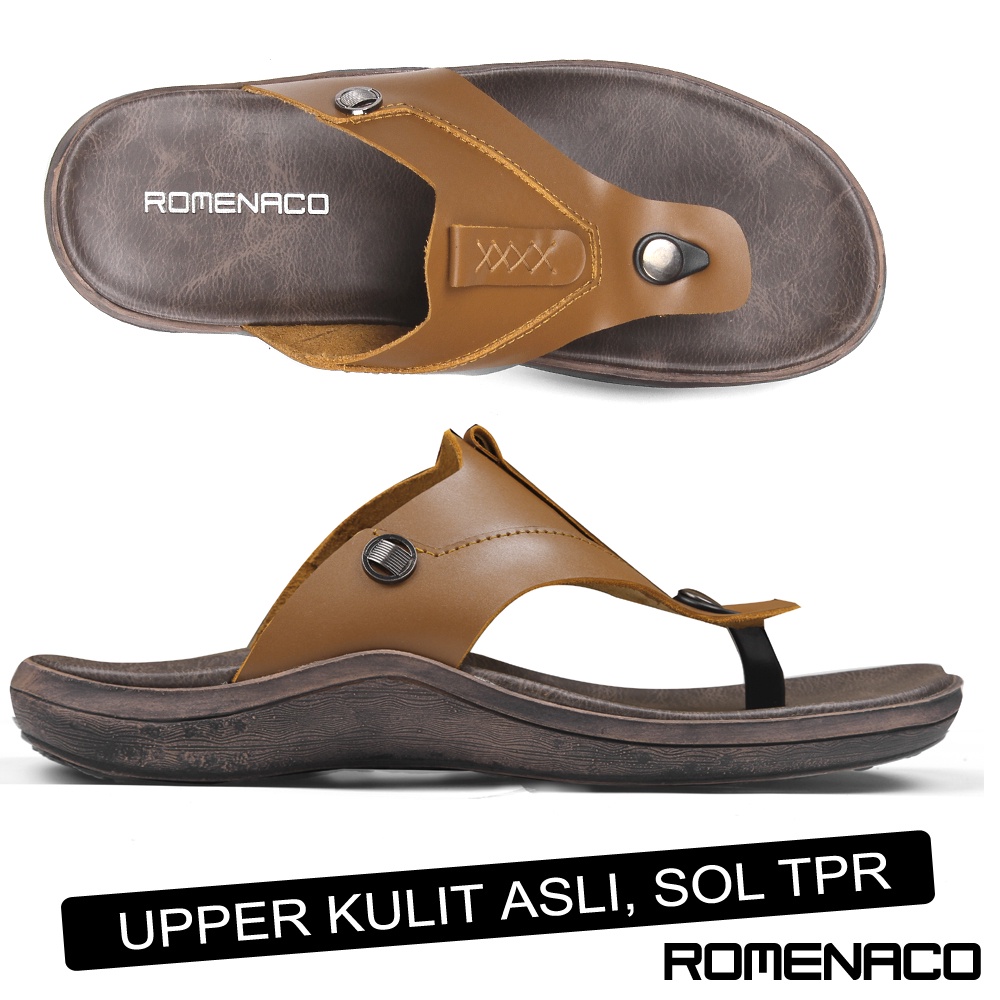 Sandal Pria Upper Kulit Asli Romenaco R55 Brown Tan