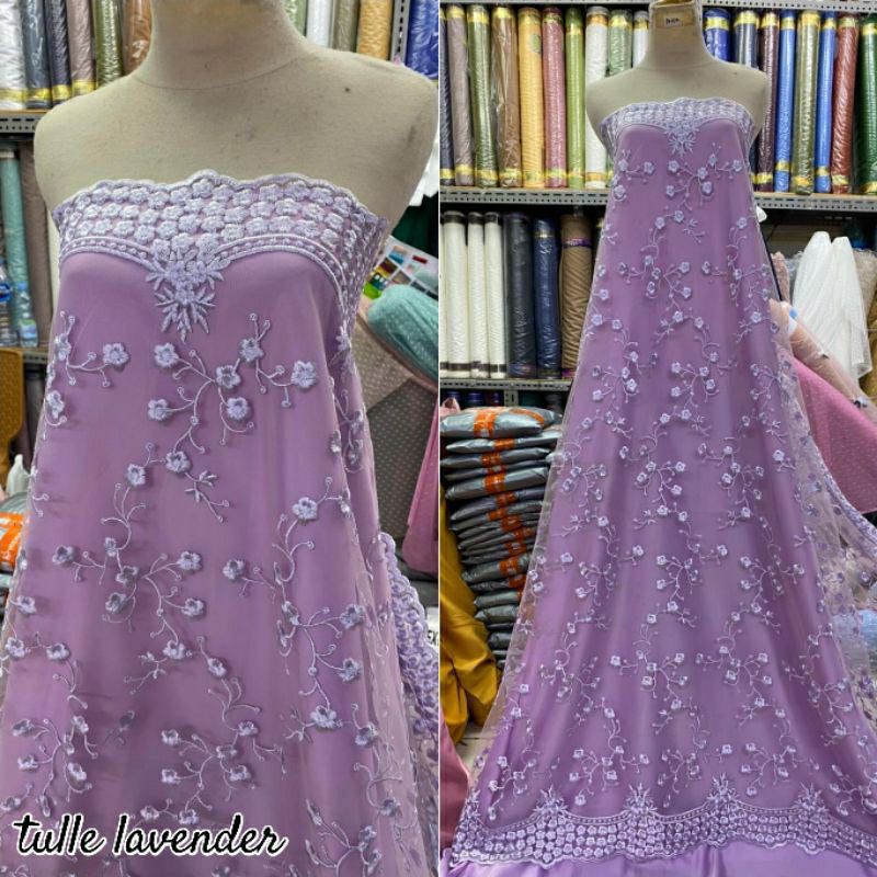 Bahan Kain Tile Lace Bordir Model Daun Harga Setengah Meter