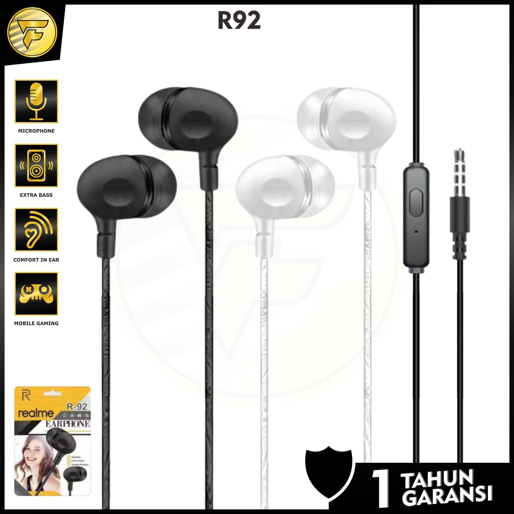 Earphone Realme 92 stereo bass music telfon headset mic